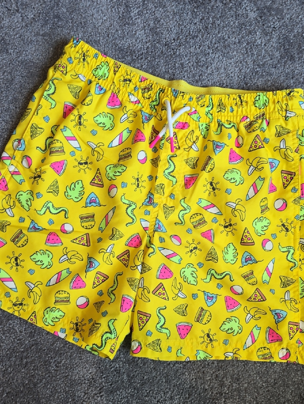 Boys Size 10/12 Husky Swim Trunks Yellow Tropical Print Bright Neon Shorts